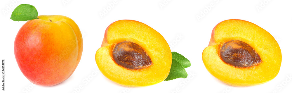 apricot fruits with green leaf isolated on white background apricot fruits with green leaf isolated on white background