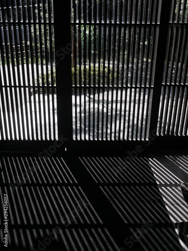 Black and white image of a traditional Japanese wooden door. Seeing through the outside garden. The slits casting a striped shadow on the floor.