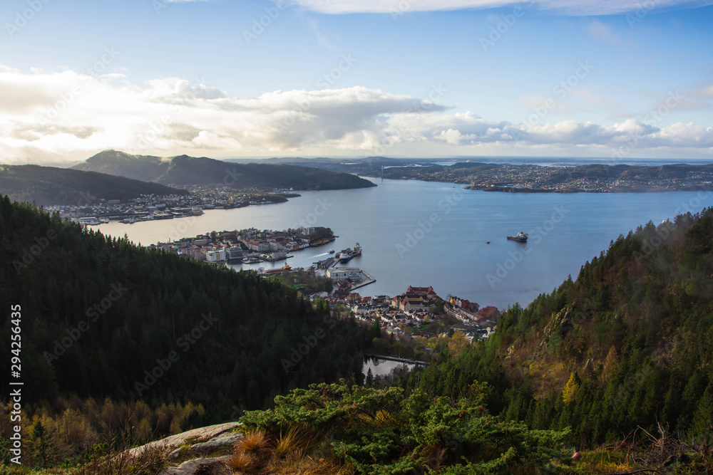 Beautiful norwegian nature.  View of Bergen and fjord. Sunny day.