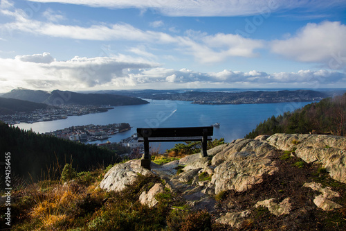 Beautiful norwegian nature. View of Bergen and fjord. Sunny day.