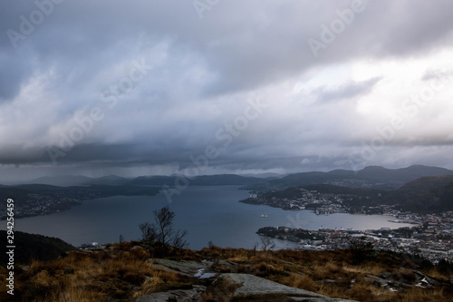 View of Bergen from above. Beautiful landscape. Cloudy day. Fjord in Norway.