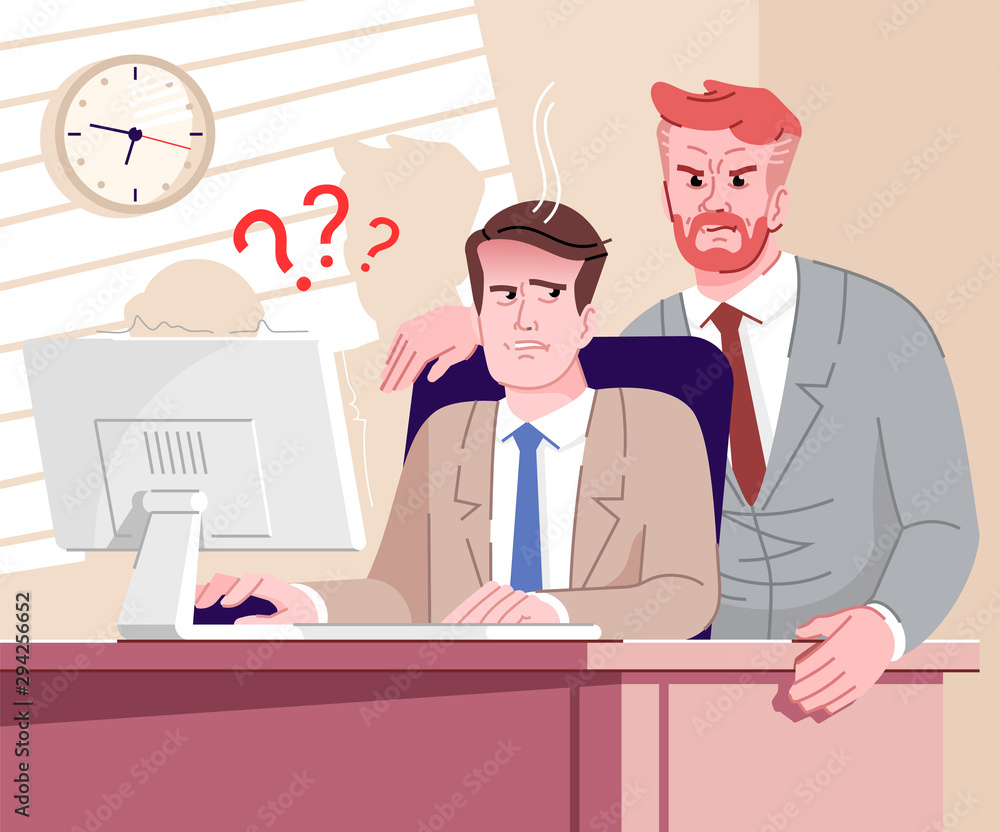 Job stress flat vector illustration. Boss standing near employee table  cartoon characters. Stock Vector | Adobe Stock
