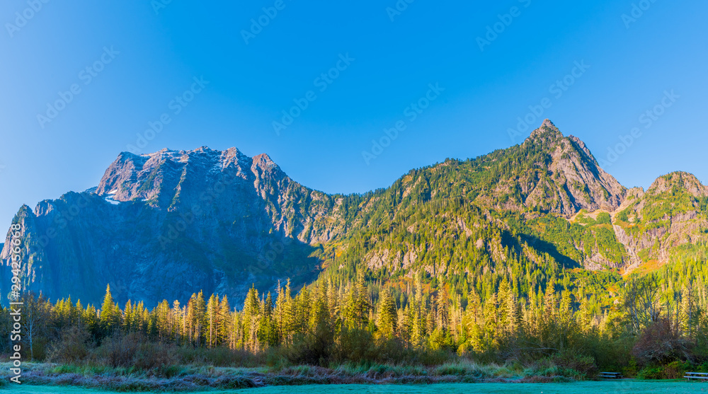 Morning Panorama of Big Four Mountain and Hall Peak from the Big Four Picnic Area in Washington State in October