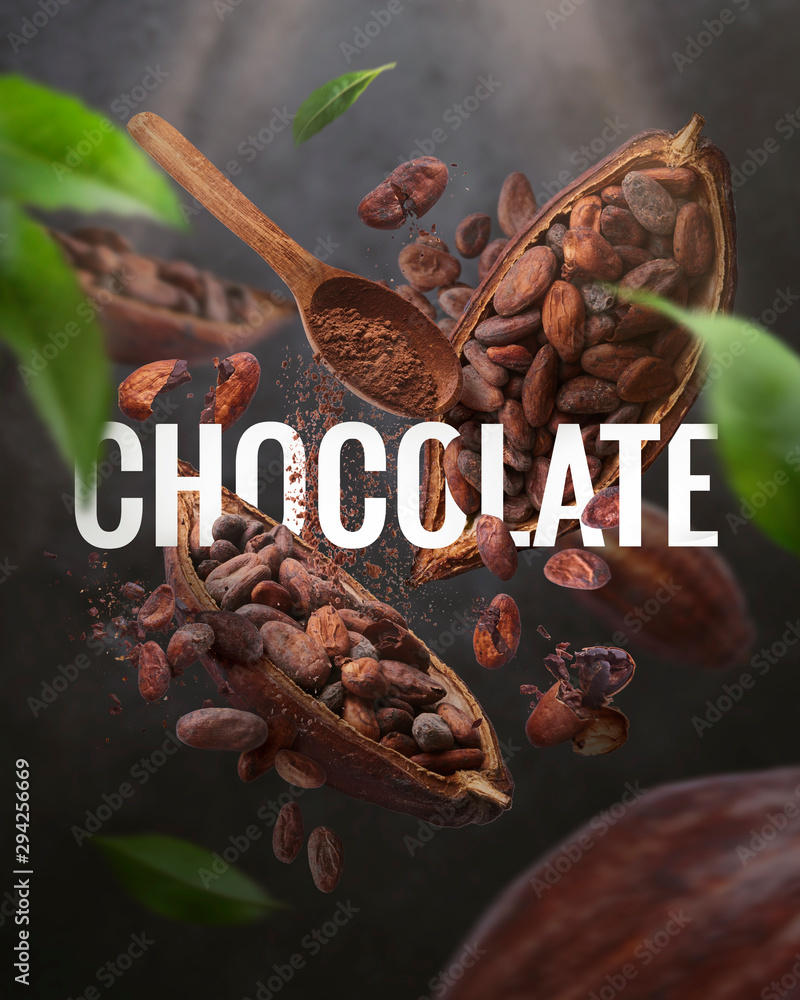 Cocoa pod flying in the air. Cracked cocoa pod and beans and wooden ...