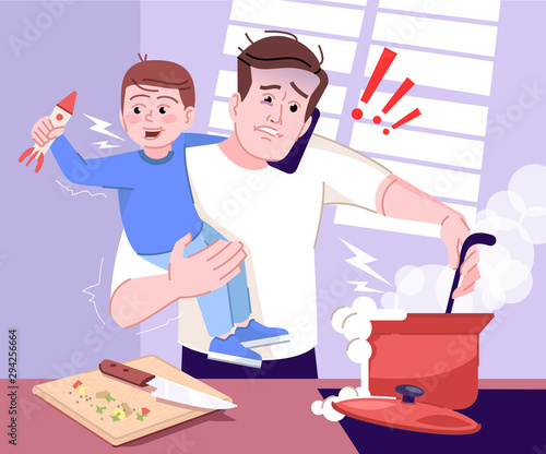 Stressed father at home flat vector illustration. Dad cooking, talking on phone and holding son on hands cartoon characters. Multitasking man working at home. Routine anxiety. Parental leave