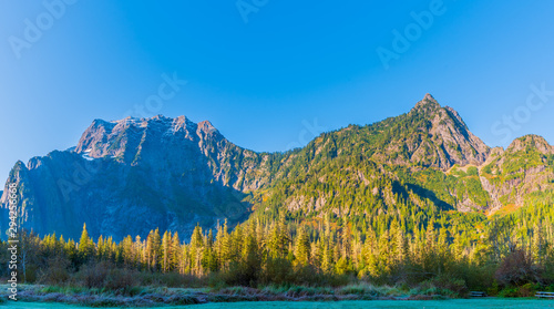 Morning Panorama of Big Four Mountain and Hall Peak from the Big Four Picnic Area in Washington State in October