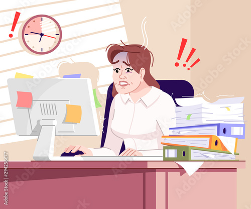 Deadline stress flat vector illustration. Tired office manager sitting behind table with paperwork pile cartoon character. Time management failure. Frustrated businesswoman working on computer