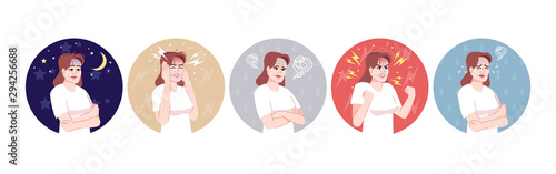 Stress symptoms flat concept icons set. Insomnia, headache, depression, anger and hysterics stickers, cliparts pack. Mental health problem isolated cartoon illustrations on white background