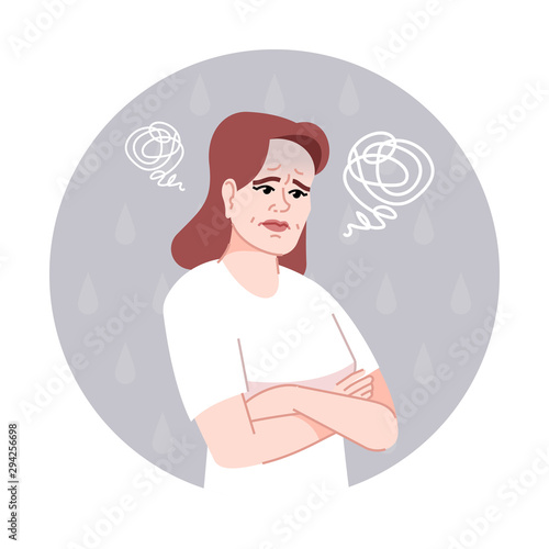 Depression flat concept icon. Stressed woman thinking about problems sticker, clipart. Sad, unhappy woman feeling hopelessness. Medical illness isolated cartoon illustration on white background