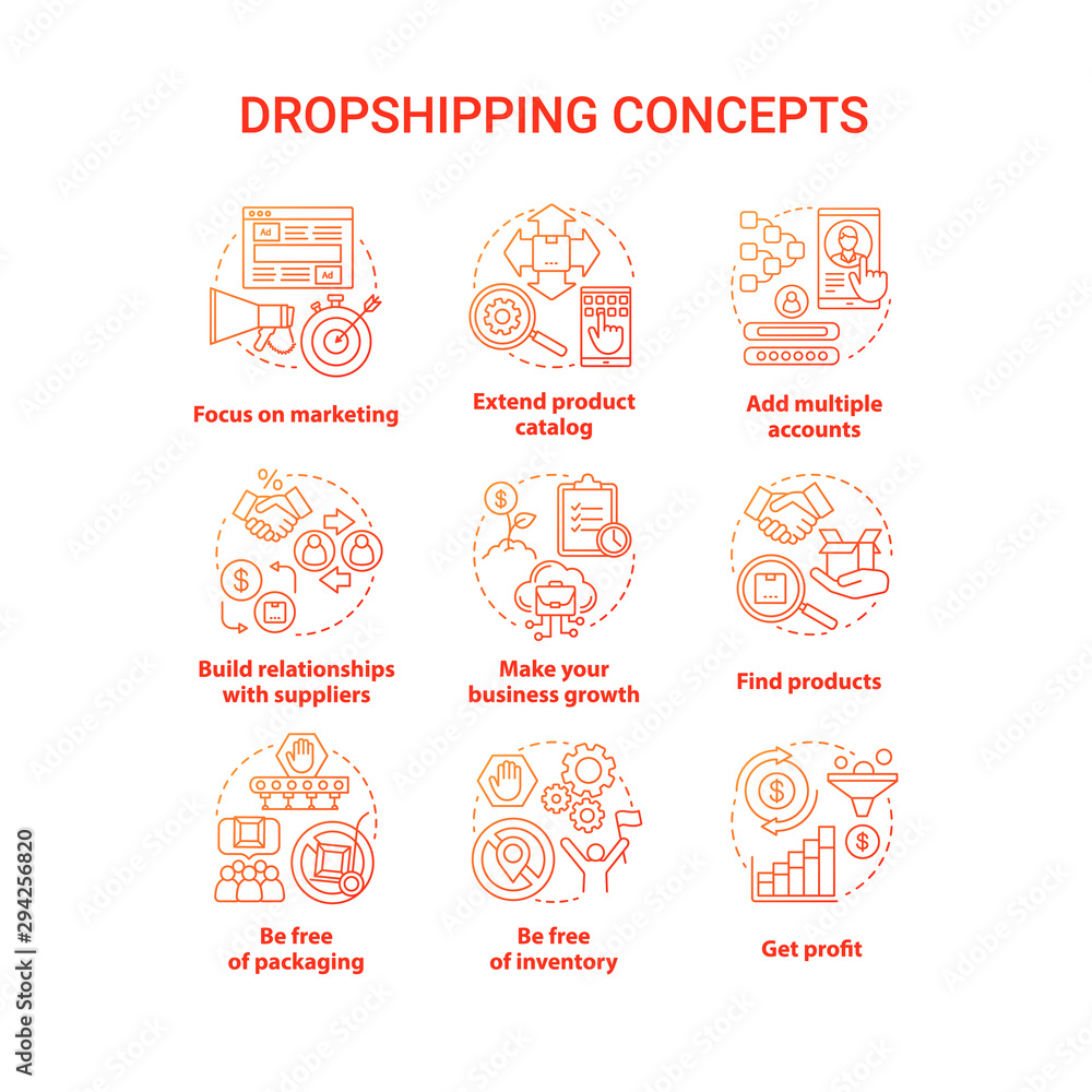 Obraz premium Dropshipping concept red icons set. Online delivery service idea thin line illustrations. Focus on marketing, extend product catalog, get profit. Vector isolated outline drawings. Editable stroke