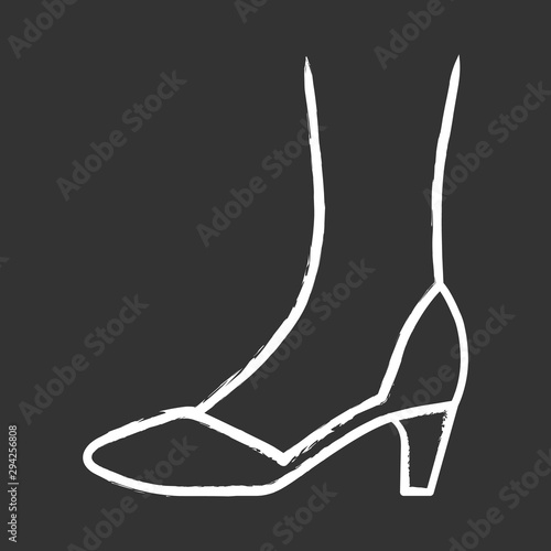 Court shoes chalk icon. Woman stylish formal footwear design. Female casual stacked kitten heels, luxury modern pumps. Office fashion, clothing accessory. Isolated vector chalkboard illustration