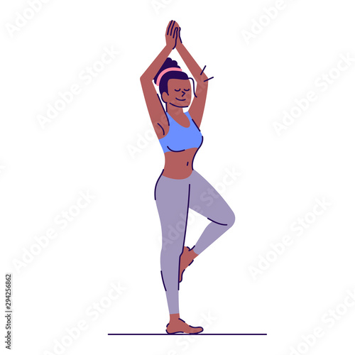 Girl doing yoga flat vector illustration. Vrikshasana. Fitness training. Young african american woman standing in tree pose isolated cartoon character with outline elements on white background
