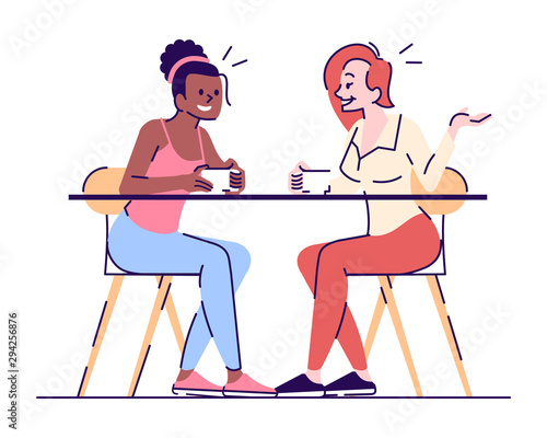 Girlfriend conversation flat vector illustration. Chat over coffee with friend. Gossips. Two young girls talking in cafe isolated cartoon characters with outline elements on white background