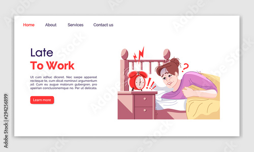 Late to work landing page vector template. Everyday stress website interface idea with flat illustrations. Sleepy female. Wake up call homepage layout. Frustration web banner, webpage cartoon concept