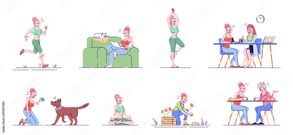 Stress management flat vector illustrations set. Woman sport, hobby, entertainment, healthcare. Active girl lifestyle isolated cartoon characters with outline elements on white background Stress management flat vector illustrations set. Woman sport, hobby, entertainment, healthcare. Active girl lifestyle isolated cartoon characters with outline elements on white background
