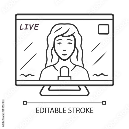 Reporter woman on TV linear icon. Female journalist reporting breaking news live. Newswoman on TV screen. Thin line illustration. Contour symbol. Vector isolated outline drawing. Editable stroke