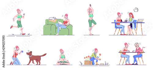 Stress management flat vector illustrations set. Woman sport, hobby, entertainment, healthcare. Active girl lifestyle isolated cartoon characters with outline elements on white background