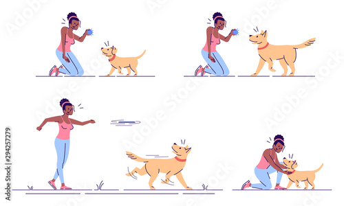 Woman playing with dog flat vector illustrations set. Active leisure. Happy african american girl and faithful playful puppy isolated cartoon characters with outline elements on white background