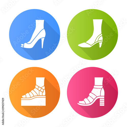 Women summer shoes flat design long shadow glyph icons set. Female elegant formal and casual footwear. Stylish platform and block heel sandals. Fashionable stilettos. Vector silhouette illustration