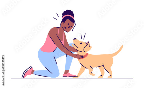 Young woman and cheerful puppy flat vector illustration. Active leisure. African american girl playing with dog isolated cartoon character with outline elements on white background