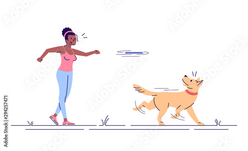 Young woman playing with dog flat vector illustration. Active outdoor recreation. Happy african american girl throwing toy to pet isolated cartoon character with outline elements on white background
