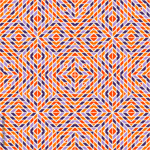 Seamless pattern in Halloween traditional colors with kaleidoscope geometric ornament. Stained glass mosaic background.