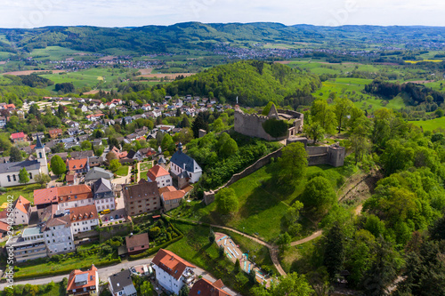 Aerial view of the castle Lindenfels, Medieval town Lindenfels, Bergstrasse, Hesse, Germany