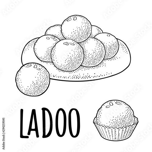 Indian traditional sweets Ladoo in plate. Vector vintage engraving