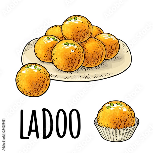 Indian traditional sweets Ladoo in plate. Vector vintage engraving