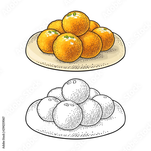 Indian traditional sweets Ladoo in plate. Vector vintage engraving