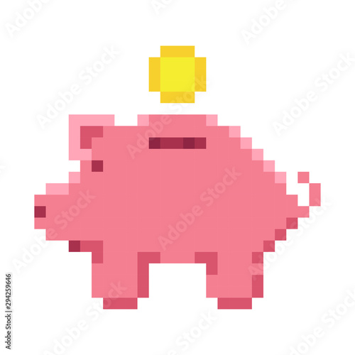 Piggy bank and gold coin. Pixel art. Retro game style. Vector illustration.