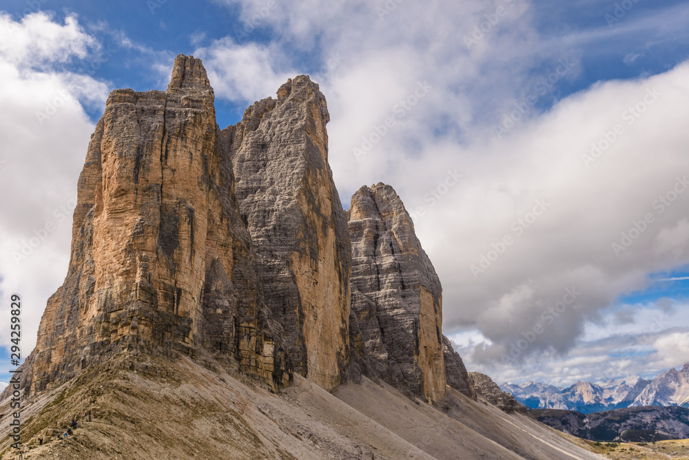 Tre Cime (Three Peaks) di Lavaredo (Drei Zinnen) , are three of the most famous peaks of the Dolomites, in the Sesto Dolomites, Italy, Europe Tre Cime (Three Peaks) di Lavaredo (Drei Zinnen) , are three of the most famous peaks of the Dolomites, in the Sesto Dolomites, Italy, Europe