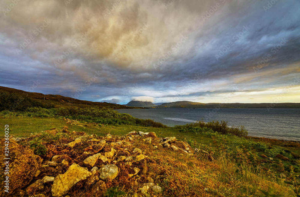 Beautiful scenic landscape of Scotland nature with beautiful evening sun set sky.