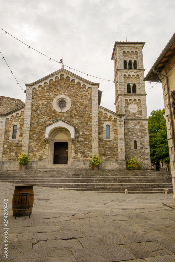 Castellina in Chianti, Italy - September 19, 2018: Medieval church of Saint Saviour in Castellina in Chianti, a typical comune in the province of Siena, in the Italian region Tuscany.