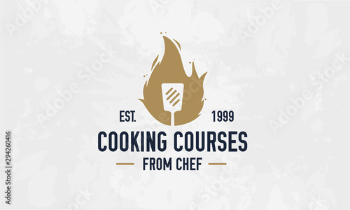 Cooking Classes logo with fire flame and spatula. Cooking Courses poster template. Vector illustration