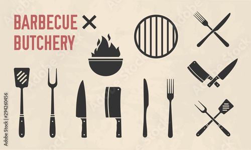 Barbecue and Butcher shop icons. BBQ tools isolated on background with grunge texture. Vector illustration