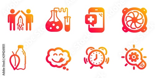 Computer fan, Yummy smile and Water bottle line icons set. Chemistry lab, Medical phone and Partnership signs. Time management, Cogwheel symbols. Pc ventilator, Comic chat. Business set. Vector