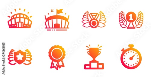 Laureate, Arena and Laureate medal line icons set. Success, Winner podium and Sports stadium signs. Timer symbol. Award shield, Sport stadium. Sports set. Gradient laureate icons set. Vector