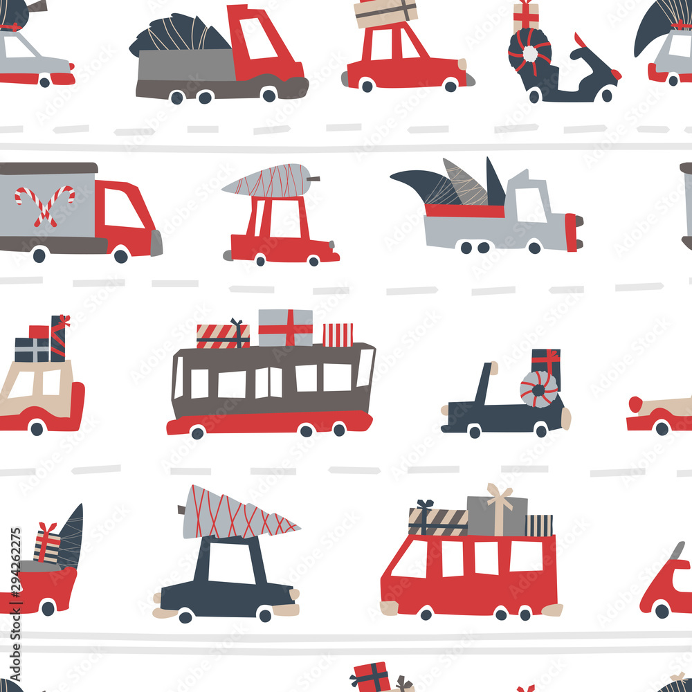 Christmas cars pattern. Childish vector seamless pattern of holiday roads in Scandinavian style. Moboes, buses, trucks with gifts