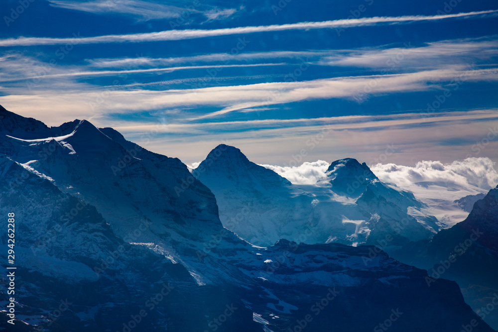 Three famous Swiss mountain peaks, Eiger, Mönch and Jungfrau