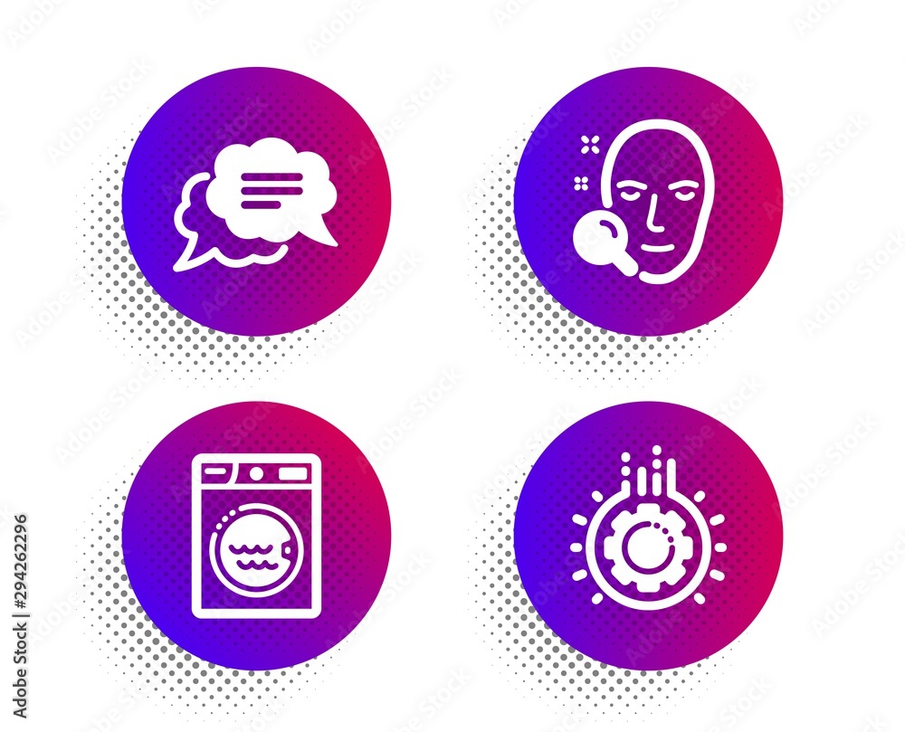 Face search, Text message and Laundry icons simple set. Halftone dots button. Gear sign. Find user, Chat bubble, Washing machine. Work process. Technology set. Classic flat face search icon. Vector