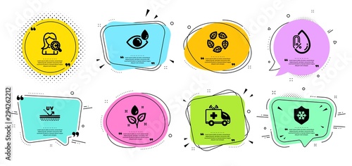 Organic tested, Collagen skin and Plants watering line icons set. Chat bubbles with quotes. Eye drops, No alcohol and Clean skin signs. Ambulance car, Uv protection symbols. Vector
