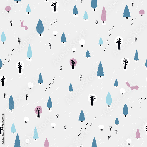 Forest pattern with a fox. Vector seamless background in simple scandinavian style. The limited palette is ideal for printing, textiles, wallpaper in the nursery