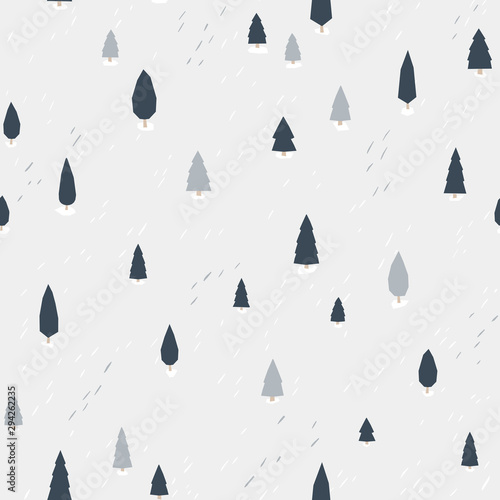 Forest pattern. Vector seamless background in simple scandinavian style. The limited palette is ideal for printing, textiles, wallpaper in the nursery