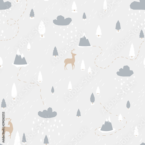 Winter Forest, mountains and deer. Vector seamless pattern. Illustration in a simple scandinavian style. The limited palette is ideal for printing, textiles, wallpaper in the nursery