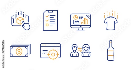 People communication, Augmented reality and Seo targeting line icons set. Analytics graph, Dry t-shirt and Banking signs. Interview, Wine symbols. People talking, Phone simulation. Vector