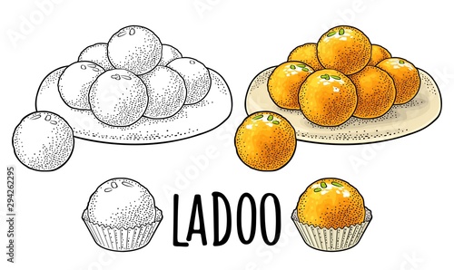 Indian traditional sweets Ladoo in plate. Vector vintage engraving