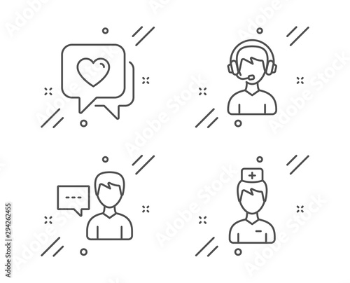 Heart, Person talk and Consultant line icons set. Doctor sign. Love chat, Communication message, Call center. Medicine person. People set. Line heart outline icon. Vector