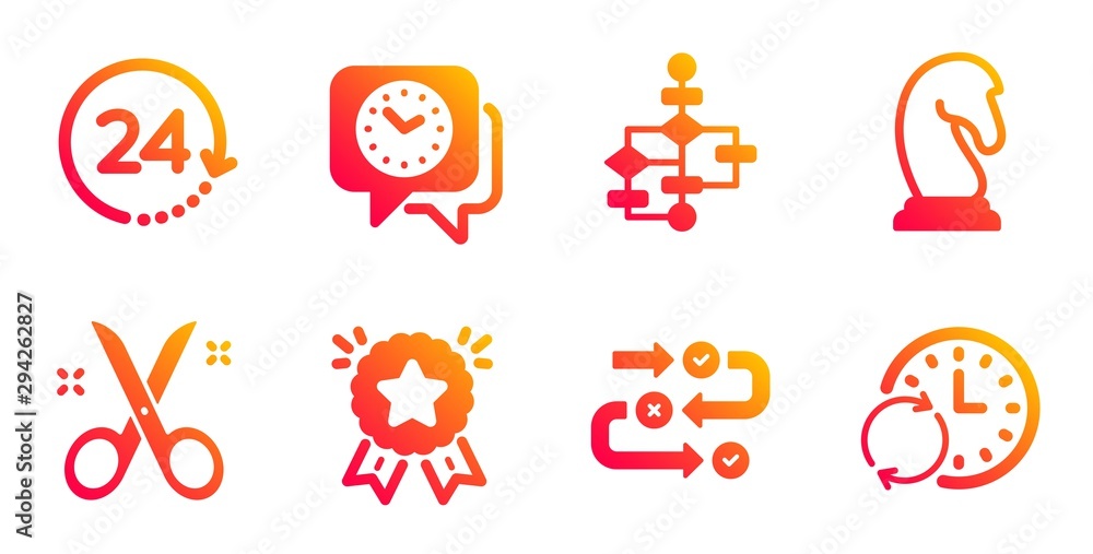 Ranking star, Scissors and Clock line icons set. Block diagram, 24 hours and Survey progress signs. Marketing strategy, Update time symbols. Winner medal, Cutting tool. Education set. Vector