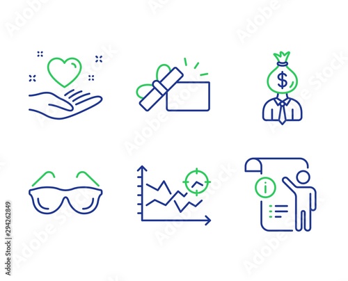 Opened gift, Eyeglasses and Seo analysis line icons set. Manager, Hold heart and Manual doc signs. Present box, Optometry, Targeting chart. Work profit. Line opened gift outline icons. Vector